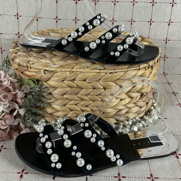 LEITH “Stunner” Black Velvet & Pearl Slide Sandals Womens Sz 10 PreLoved Beauty - Picture 1 of 5
